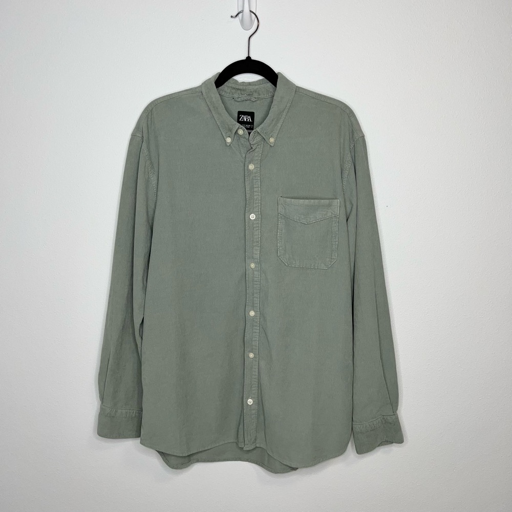 Zara Men’s Corduroy Button Down Shirt Cotton Long Sleeves Light Green Sz Medium
